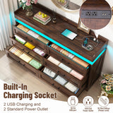 Hlivelood 59" Large Farmhouse 6 Drawers Dresser for Bedroom,Wide Wood Rustic 6 Chests of Drawers for Closet, with LED Light and Power Outlets,Tall Storage Dresser Organizer for Bedroom(Antique Brown) Hlivelood