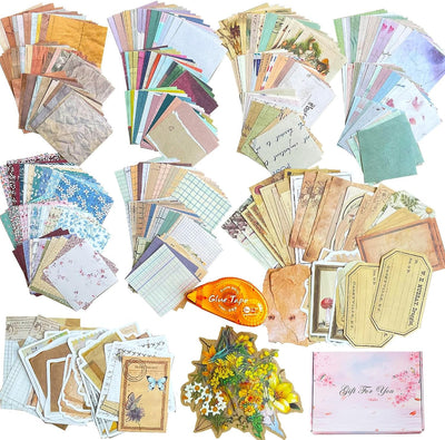 501PCS Vintage Scrapbook Paper, Scrapbooking Supplies Set Journaling Kit Include 460pcs Thin Decorative Paper, 40pcs Flower Stickers, and 1 Double-Side Adhesive Tape for Junk Journal Ephemera Planner