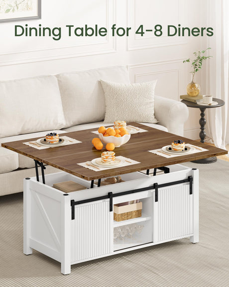 CHOEZON Coffee Table Lift Top, 4 in 1 Convertible Coffee Table, Farmhouse Coffee Tables, with Hidden Compartments, with Sliding Doors, for Living Room, Apartment, White and Walnut MKF01WL CHOEZON