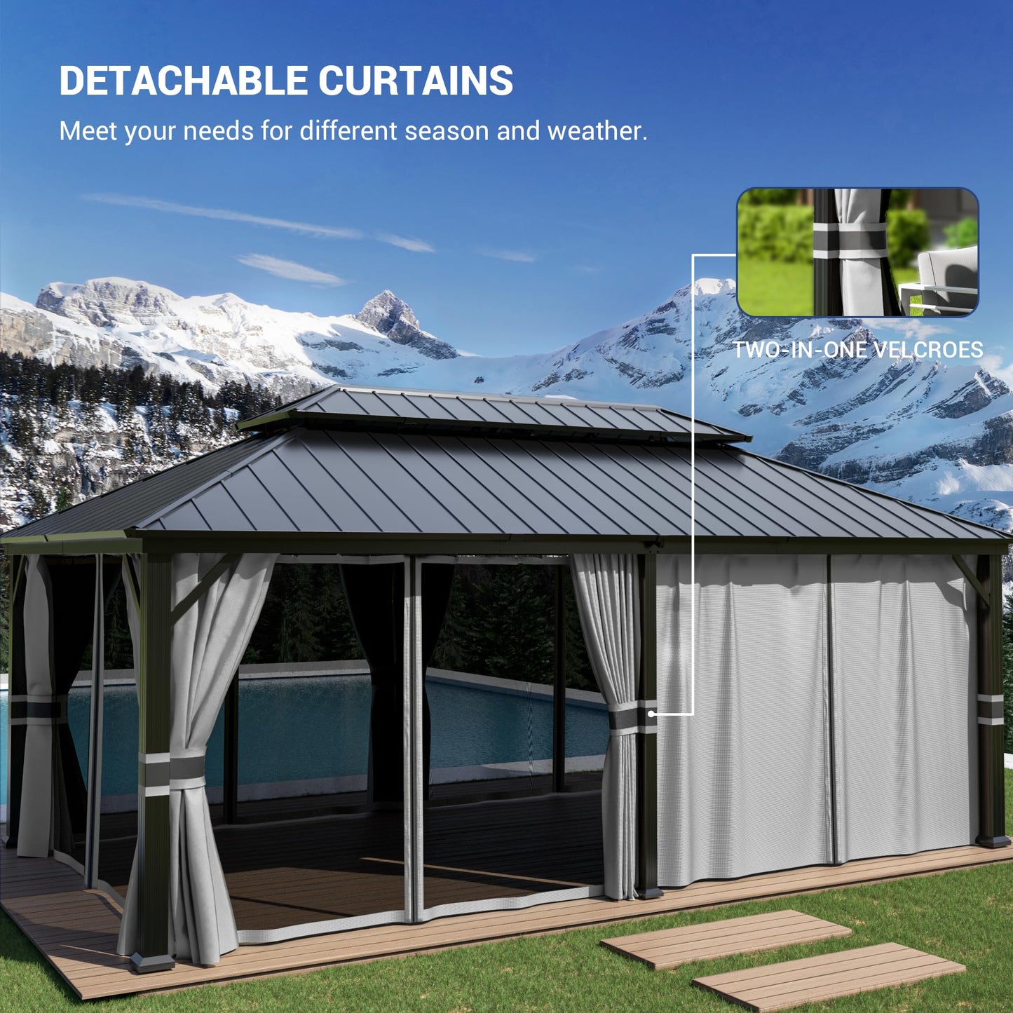 Amopatio 12' X 20' Hardtop Gazebo, Aluminum Metal Gazebo with Galvanized Steel Double Roof, Heavy Duty Permanent Outdoor Large Gazebos with Curtain and Netting for Patio Deck Backyard, Grey - WoodArtSupply