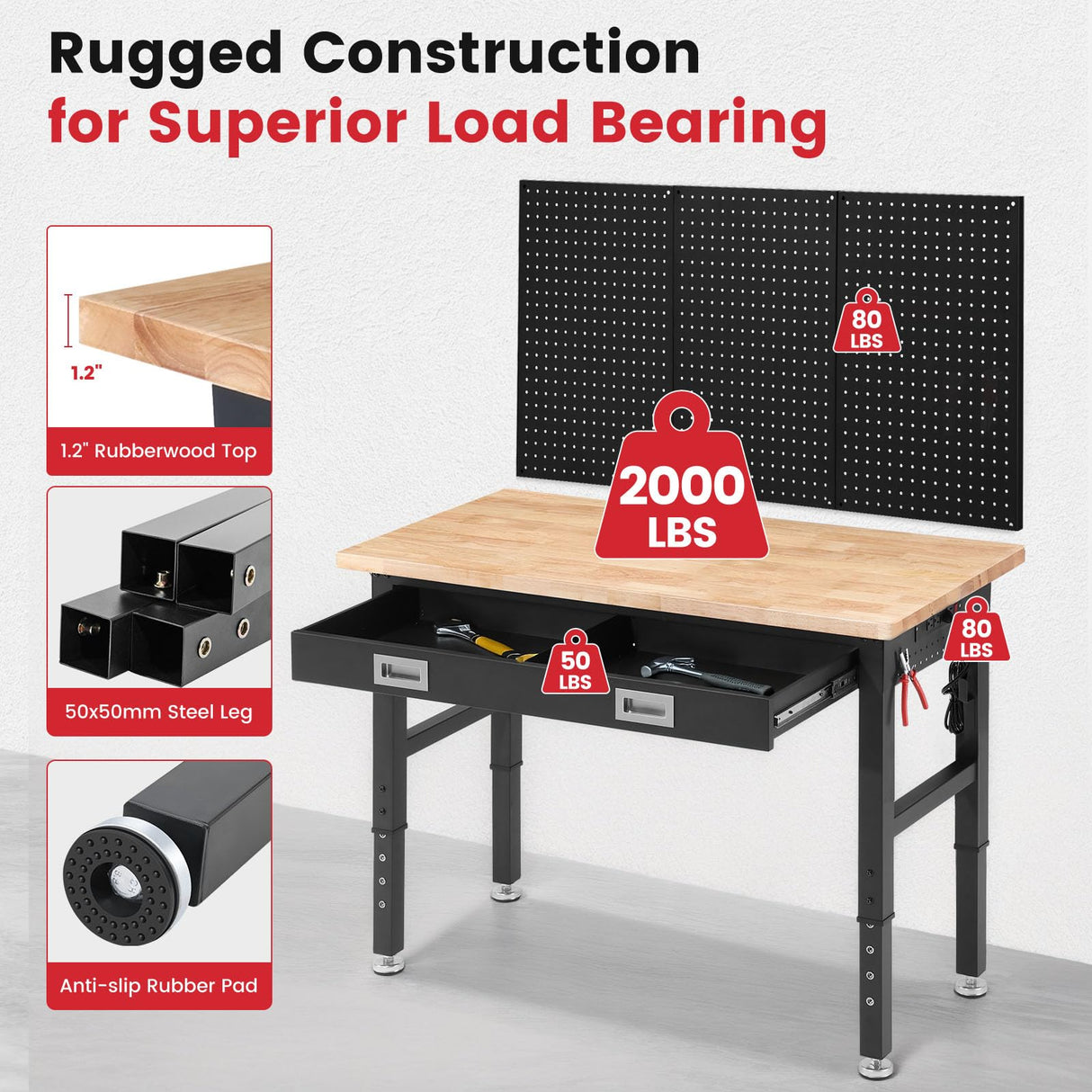 ENJOYWOOD Workbench for Garage with Drawers 48 x 24 Inch Rubberwood Tabletop Work Table with Pegboard, Power Outlets Adjustable Height Work Bench for Woodworking Shop, Home, Office ENJOYWOOD