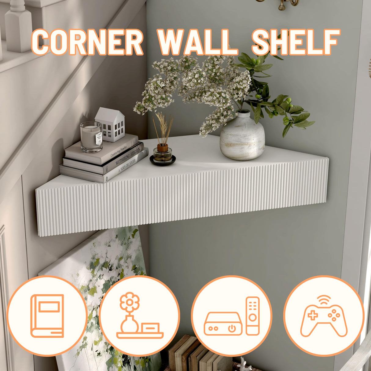 24/7 Shop at Home French 47 inch Modern Floating TV Console Table with 3D Wavy Panel Door, Wood Entertainment Center with Storage Space, Wall Corner Shelf for Living Room, Bedroom, Office, White Pure 24/7 Shop at Home