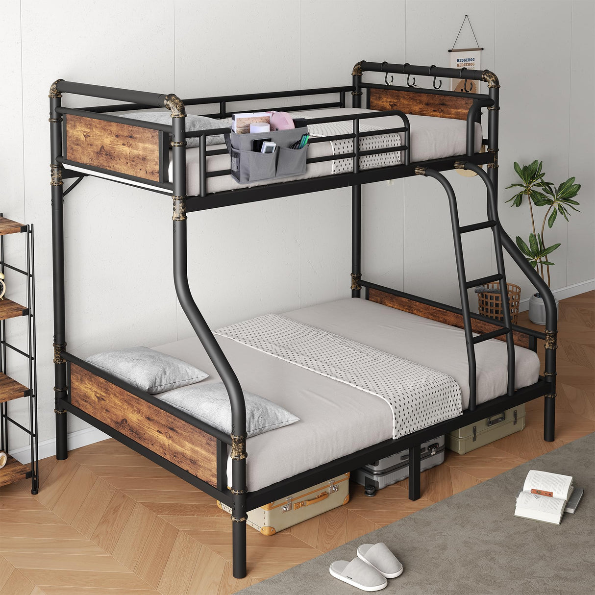 Jocoevol Metal Bunk Bed Twin Over Full, Industrial Bunkbeds Heavy Duty Bed with Safety Guard Rails and Space-Saving Design, Steel Bed for School, Bedroom (Vintage Brown) Jocoevol