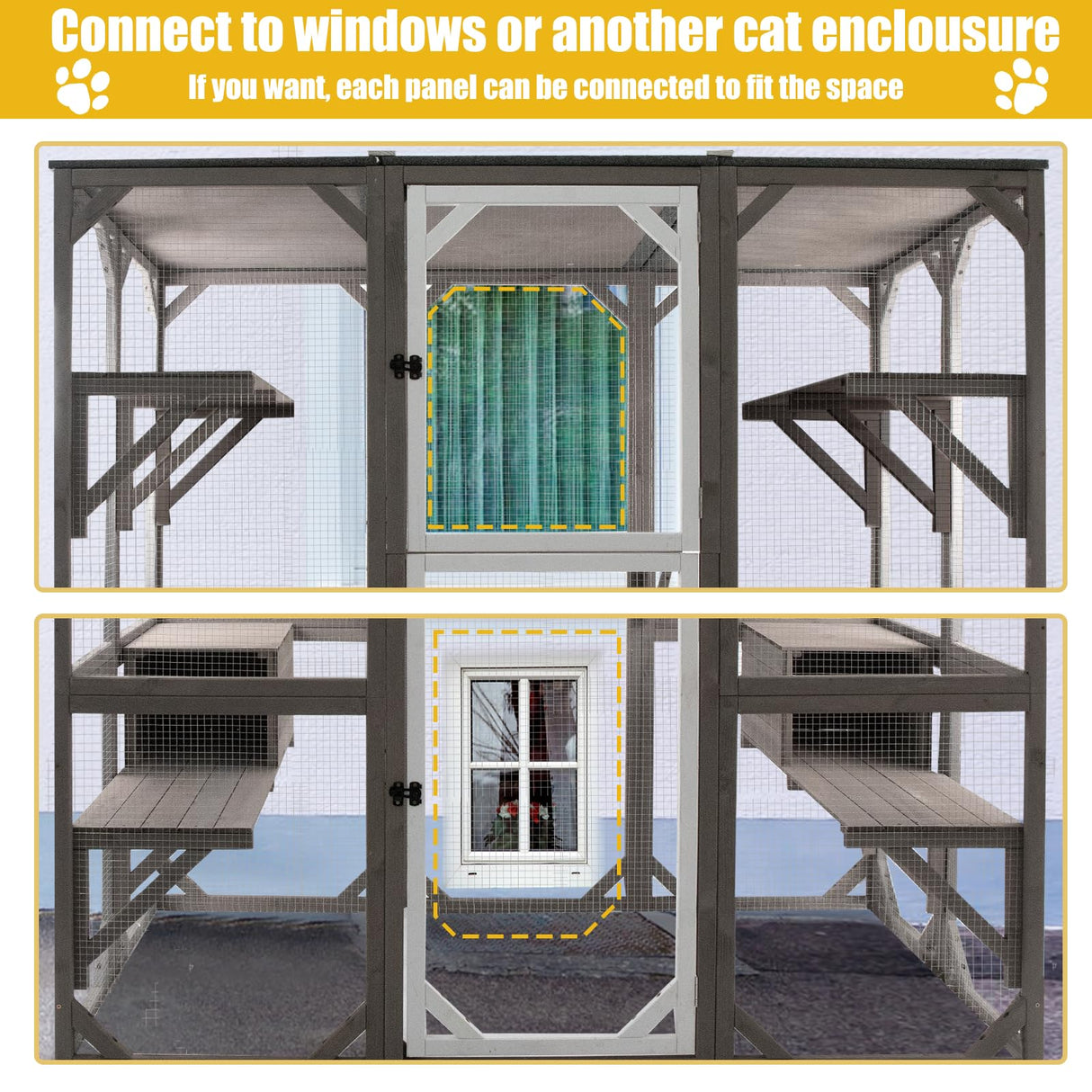 Gowoodhut Outdoor Catio Cat Enclosures - Wooden Cat House Weatherproof with Multi Platforms & Lounge Boxes, Indoor Interoperability - 71 Inch Gowoodhut