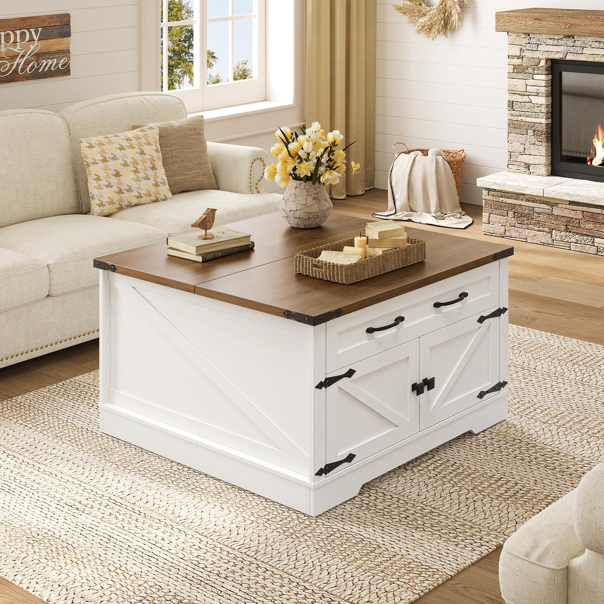 RALGEND Farmhouse Lift Top Coffee Table with Storage, Square Wooden Center Table with Drawers for Living Room, Rustic Coffee Table with Hidden Compartment, White and Walnut