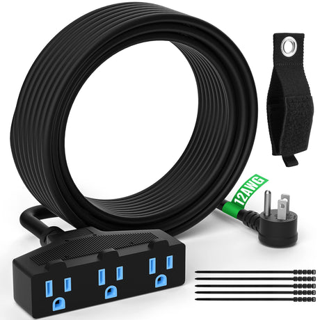 Outdoor Extension Cord 75 Ft with 3 Outlets, 12/3 SJTW 3 Prong Grounded Power Cord, 12 Gauge 12AWG Heavy Duty Power Cable, ETL Listed, 15 Amp 125 V 1875 W-Multiple Outlets for Indoor/Outdoor-Black Elecan