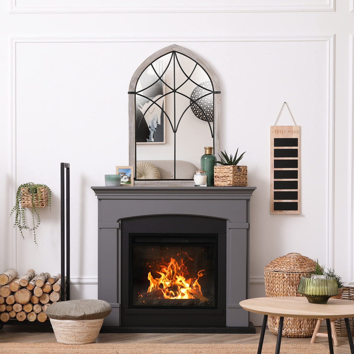 HOMCOM 36.5" x 23.5" Large Farmhouse Wall Mirror, Arch Window Mirror for Wall Decor in Living Room, Bedroom, Entryway, Rustic Wood Grain HOMCOM