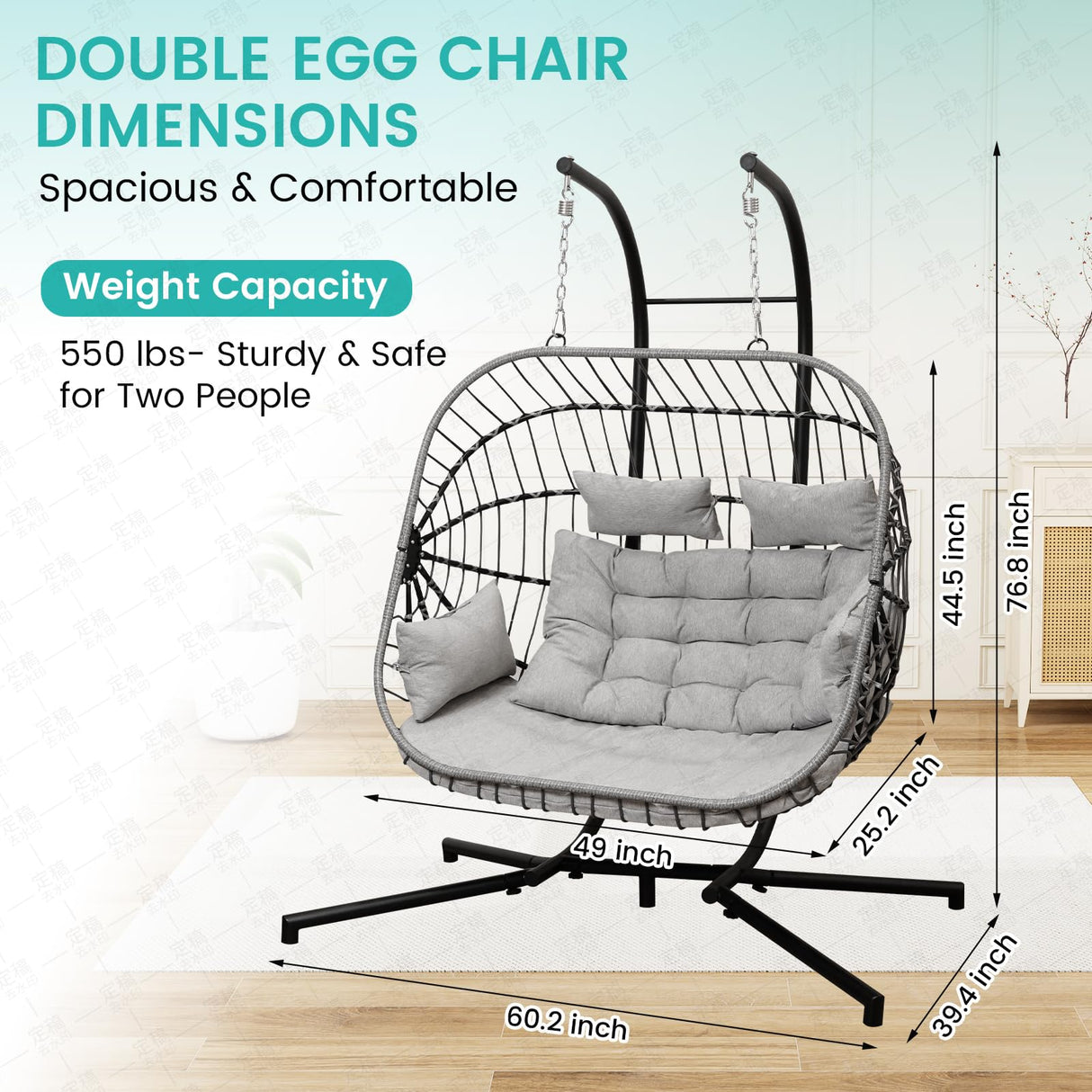 Double Egg Swing Chair with Stand Patio Rattan Wicker Hammock Chairs Outdoor Indoor Egg Swing Chair with Cushion Headrest 550 Lbs Capacity for Bedroom Balcony Garden Porch Backyard, Grey Olaterior
