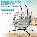 Double Egg Swing Chair with Stand Patio Rattan Wicker Hammock Chairs Outdoor Indoor Egg Swing Chair with Cushion Headrest 550 Lbs Capacity for Bedroom Balcony Garden Porch Backyard, Grey Olaterior