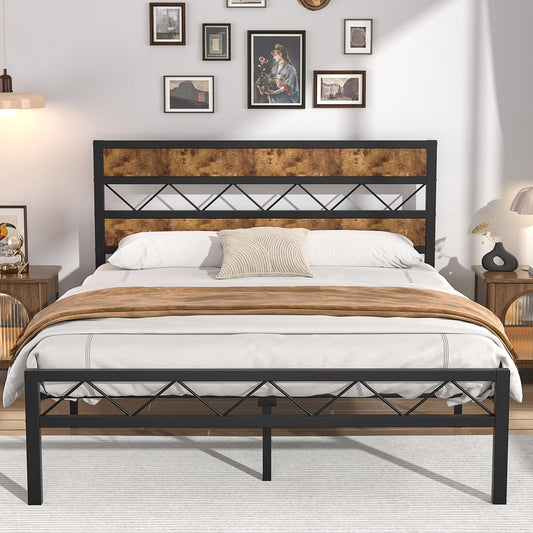 VECELO Queen Metal Platform Bed Frame with Rustic Vintage Wooden Headboard, Heavy Duty Metal Slats Support, Platform Mattress Base No Box Spring Needed, No Noise, Easy Assembly，Brown