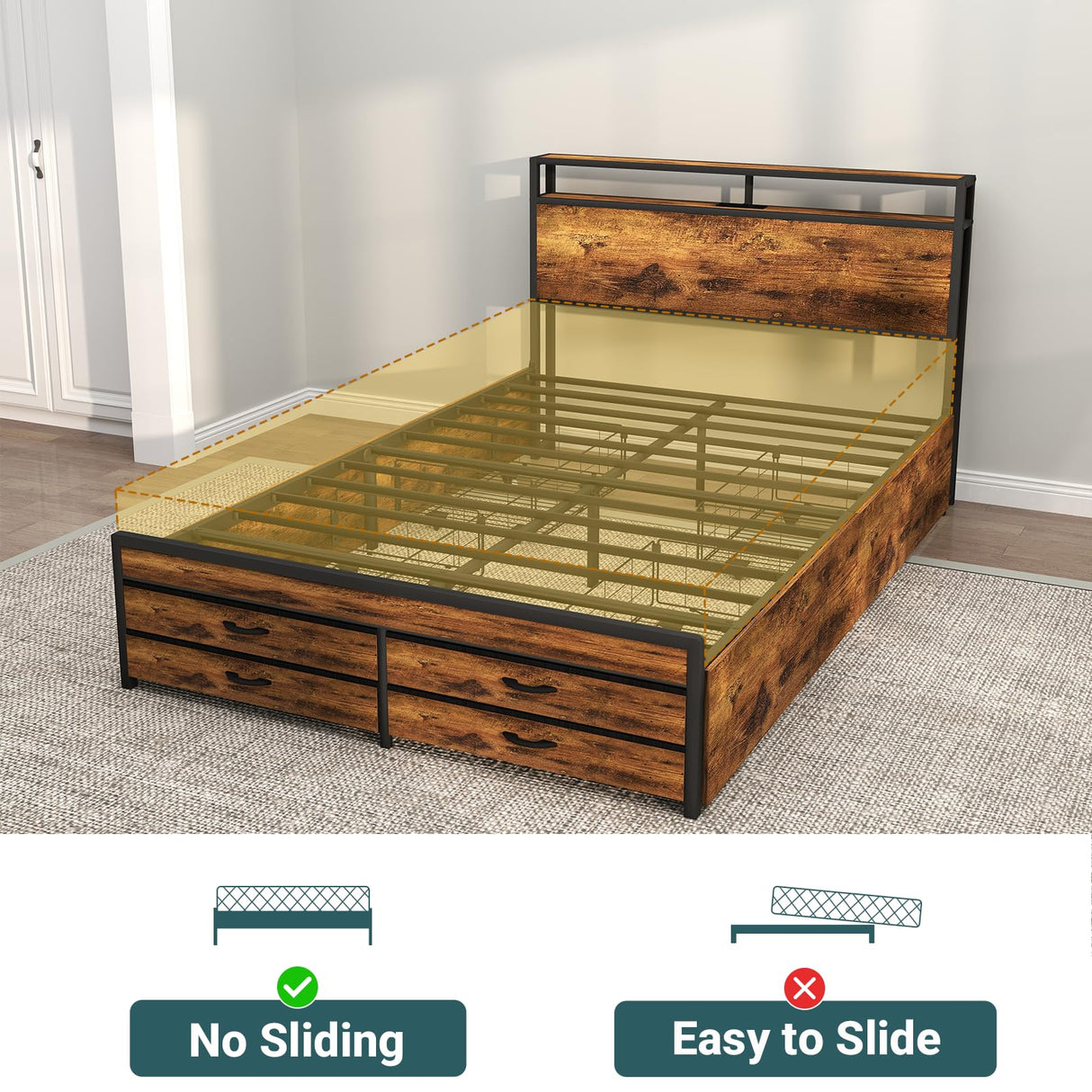 Zevemomo Queen Bed Frame with 8 Storage Drawers, Queen Metal Bed Frame with LED Light and Charging Station, Heavy Duty Metal Slats, No Box Spring Needed, Rustic Brown Zevemomo