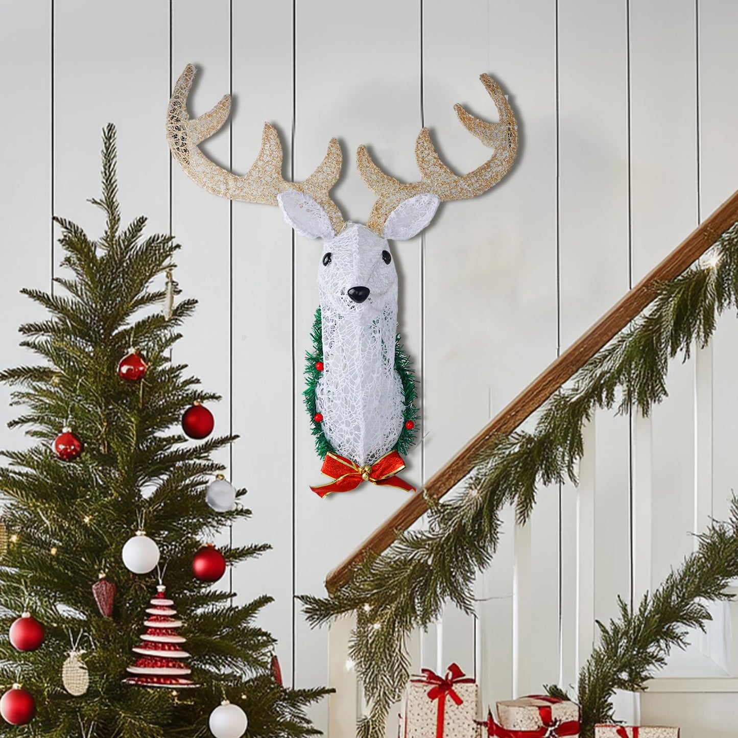 Hourleey Lighted Christmas Wall Decoration Reindeer Head, 32" 3D Battery Operated Rudolph Hanging Wreath with 8 Modes, Light Up Christmas Decor for Outdoor Indoor Front Door Window Xmas