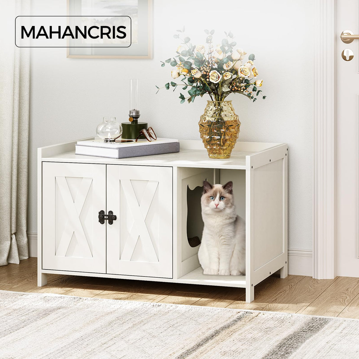 MAHANCRIS Cat Litter Box Enclosure, Hidden Litter Box Furniture with Divider, Wooden Cat Washroom Storage Cabinet Bench, Indoor Cat House as Table Nightstand, for Living Room, Bedroom, White CWWT2501 MAHANCRIS