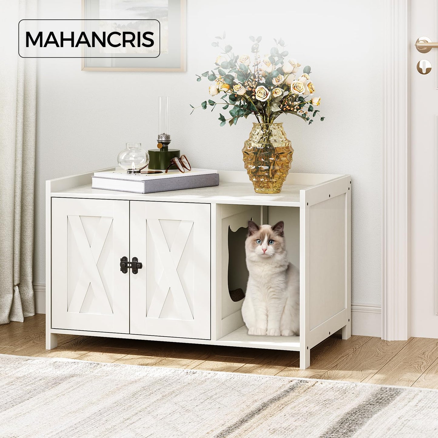 MAHANCRIS Cat Litter Box Enclosure, Hidden Litter Box Furniture with Divider, Wooden Cat Washroom Storage Cabinet Bench, Indoor Cat House as Table Nightstand, for Living Room, Bedroom, White  - WoodArtSupply