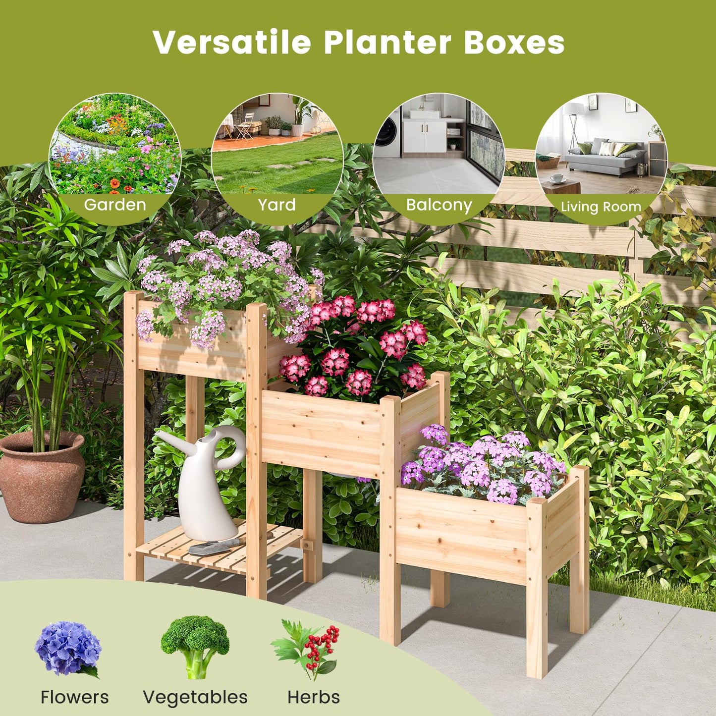 HAPPYGRILL 3-Tire Raised Garden Bed, Wooden Raised Planter Box with 3 Planter Boxes, Drainage Holes, Open Storage Shelf, Outdoor Garden Bed with Legs for Plant, Fruit, Vegetable, Flower, Herb - WoodArtSupply