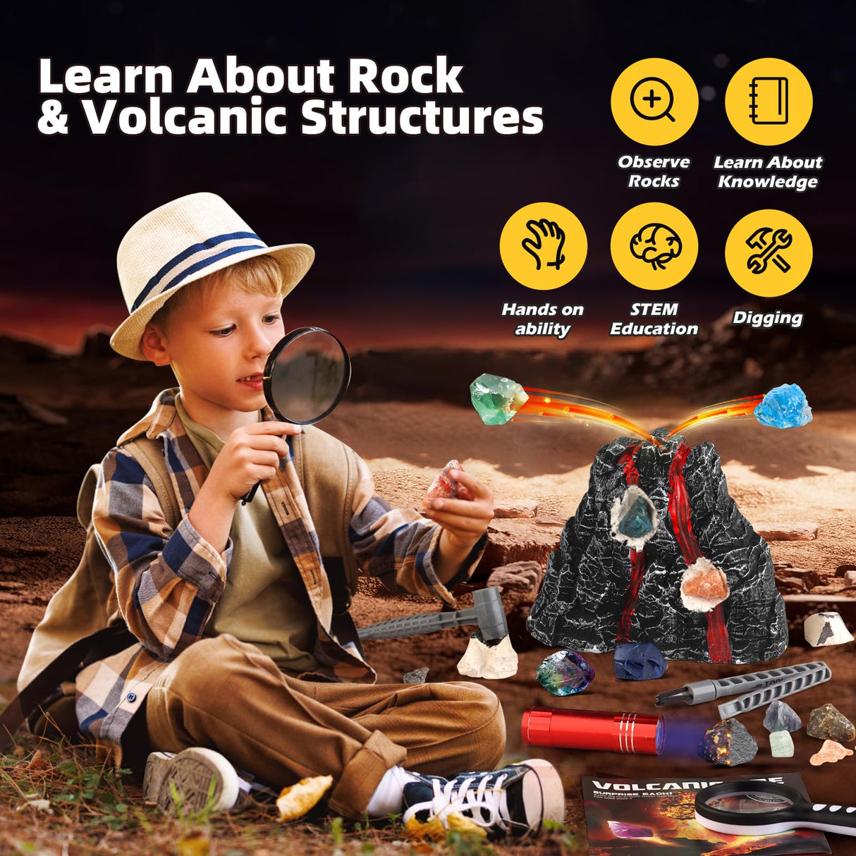 Woumserta Volcano Dig Kit - 10 Rocks Excavation Kit, Gemstone Rocks for Kids, Fossil Volcano Toys Dig Kits for Rocks Collection, Volcano Toys for Boys Girls and up Year Old Birthday Gifts Woumserta