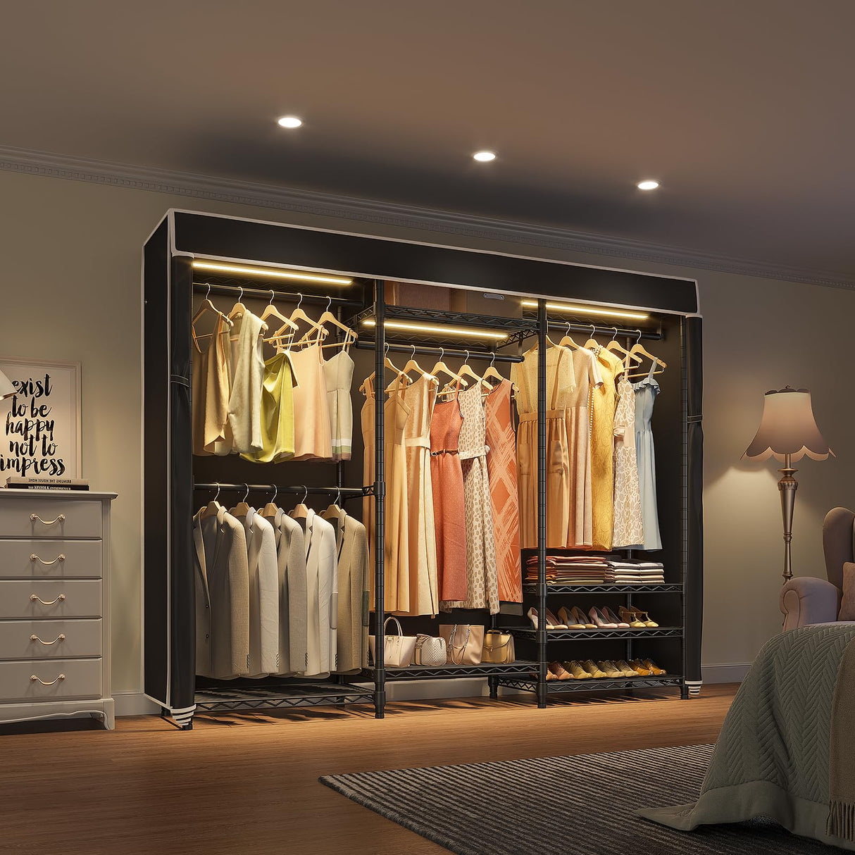 VIPEK V5LC Garment Rack Heavy Duty Covered Clothes Racks with Dimmable LED Light 3000K Warm White, Portable Closet Wardrobe Freestanding Clothing Racks for Hanging Clothes, Black Rack with Black Cover VIPEK