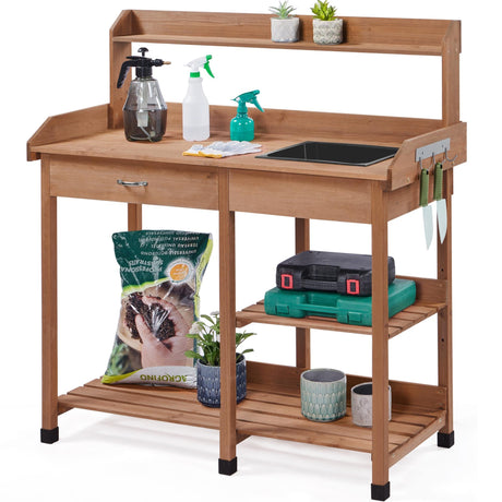Yaheetech Potting Bench Outdoor Garden Work Bench Station Planting Solid Wood Construction for Horticulture w/Sink Drawer Rack Shelves Brown Yaheetech