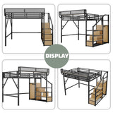 MoproBeti Queen Size Loft Bed Frame for Adults,Metal Lofts Bed Queen with Stairs & Storage Shelves, Heavy Duty High LoftBed with Wardrobe for Teens,Girls Boys, No Box Spring Needed, No Noise, Black MoproBeti
