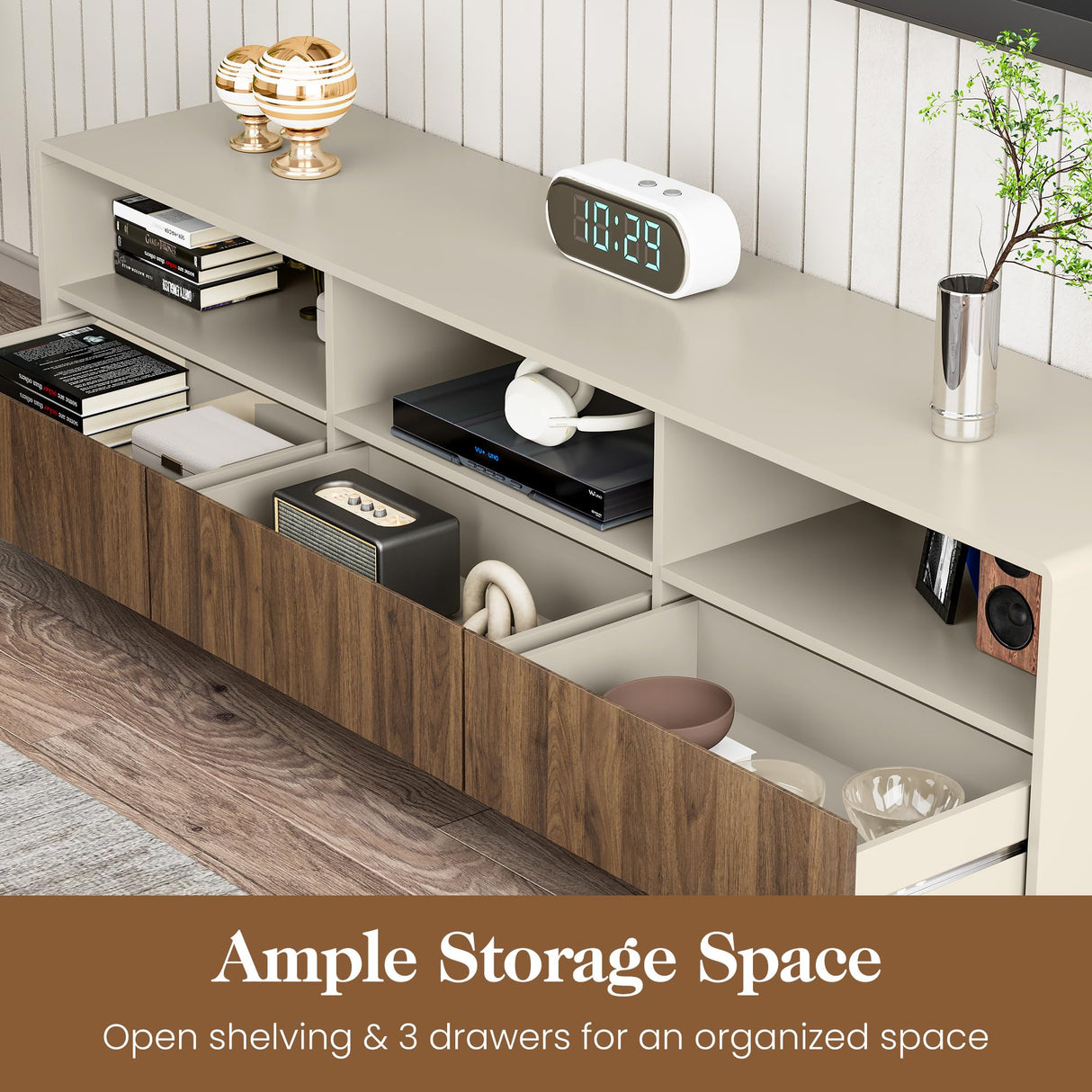 Royalcraft 70" Large TV Stand with Storage and Led Lights, Console Table with 3 Drawers, TV Entertainment Center for up to 75" Television, Wood TV Media Cabinet for Living Room Bedroom, Beige & Walnut RoyalCraft