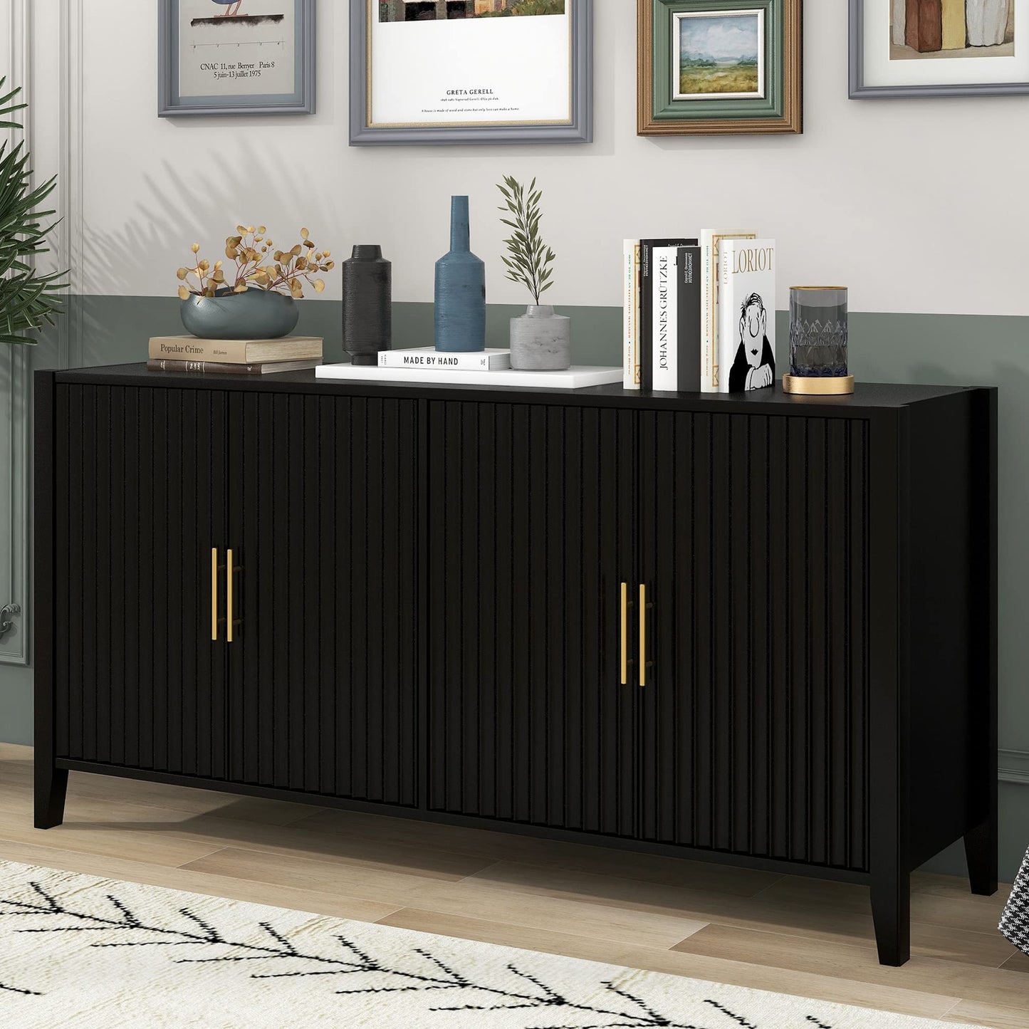 Amposei Sideboard Buffet Cabinet 63-Inch Wooden Credenza Storage Cabinet 4-Door Entryway Console Cabinet for Living Room Entrance (Black)