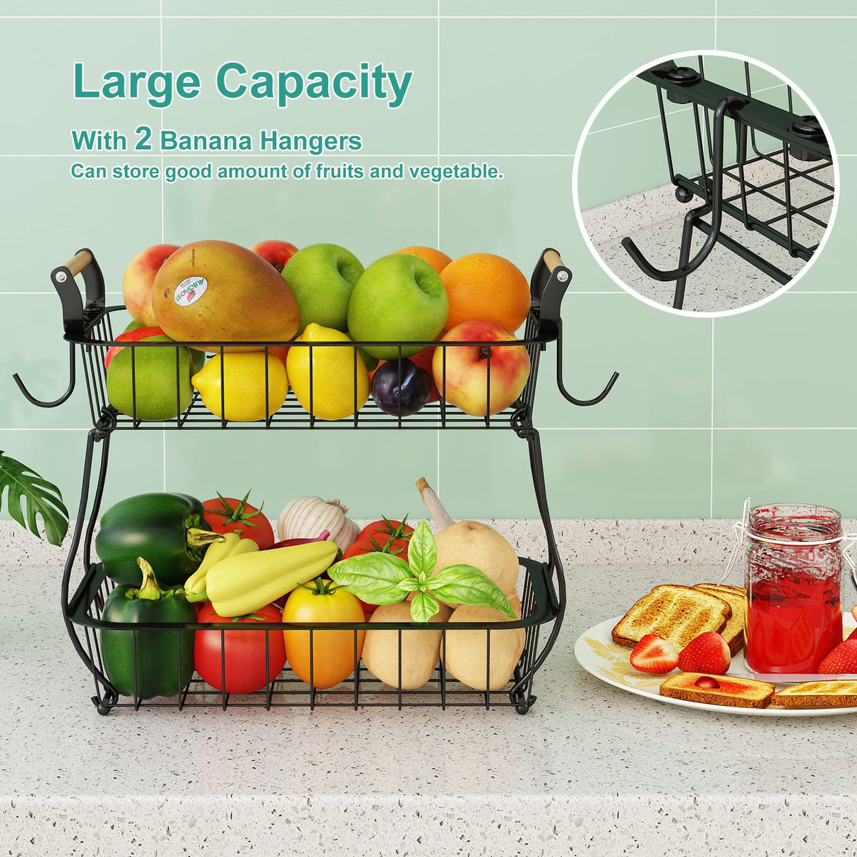 ANTOPY 2 Tier Fruit Basket with 2 Banana Hangers, Countertop Fruit Vegetable Basket Bowl for Kitchen Counter Metal Wire Fruits Storage Stand Holder Organizer for Bread Snack Veggies Produce ANTOPY
