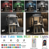 YAKANJ End Table with LED Light,Record Player Stand with Albums Storage,Vinyl Records Storage,Turntable Stand Side Table for Music Room Studio Living Room Bedroom-Greige YAKANJ