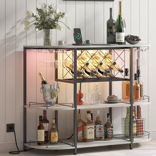 ZOPEND Wine Cabinet Coffee Table with Power Socket and LED Light, Three Tiers Coffee Bar Table Wine Rack Liqour Bar with Large Storage for Home Kitchen (Grey)