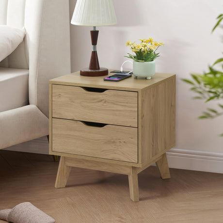 ELISA HOME Nordica 2 Drawer Nightstand with Charging Station, Drawer Slide Pre-Assembly, Nightstand for Bedroom, End Table, Sofa Side Table for Living Room, 15.7" D x 18.9" W x 21.2" H, Natural Oak ELISA HOME