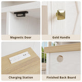 IRONCK Coffee Bar Cabinet with Power Strip, 47" Storage Cabinet with Barn Doors and Thickened Top Board, White Sideboard, Buffet for Dinning Room, Kitchen, Living Room IRONCK