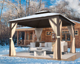 MELLCOM 12' x 12' Hardtop Gazebo, Galvanized Steel Double Roof Outdoor Gazebo, Aluminum Frame Metal Gazebo with Netting and Curtains for Patios, Gardens, Lawns Brown MELLCOM