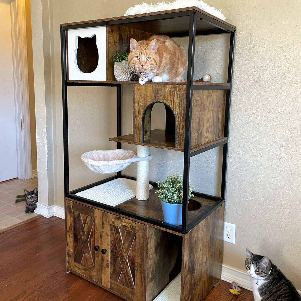 Cat Litter Box Furniture Enclosure 4 Levels Cat Tree Hidden Cabinet with Storage and Scratch,4 Tiers GUTINNEEN