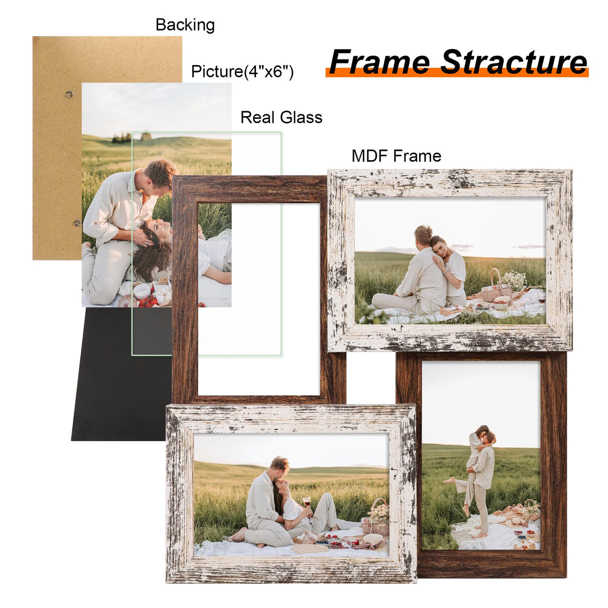 YESKAY 4x6 Collage Picture Frames, Multi Family Photo Frame with Real Glass, Displays Four 4x6 Photo, Wall Decor Wall Hanging or Tabletop, Distressed White+Rustic Brown YESKAY