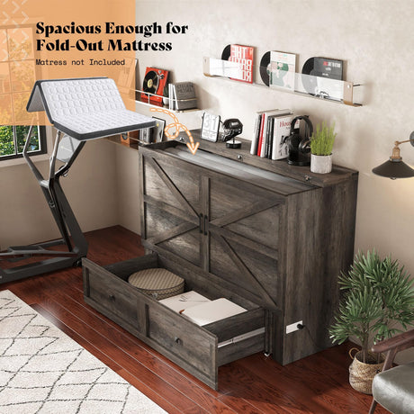AMERLIFE Queen Murphy Bed with Storage & Charging Station, Farmhouse Murphy Cabinet with Foldable Panel, Noisy Free, for Living Room, Guest Bedroom, Office, Rustic Gray AMERLIFE