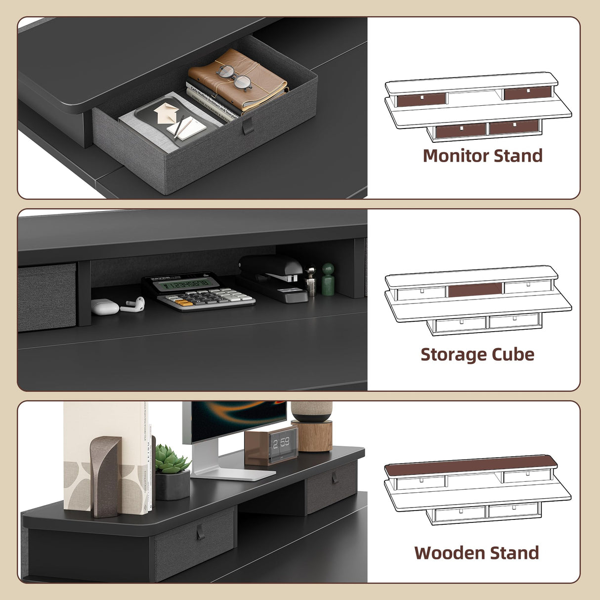 TIQLAB 48 * 24 Inch Standing Desk with Two Drawers, Stand Up Desk Adjustable Height, Electric Sit Stand Table with Storage Shelf and Splice Board, Black TIQLAB