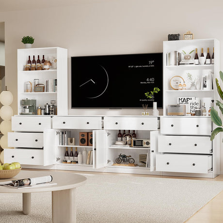 TUSY 4-Piece Large TV Stand with Bookshelves for TVs up to 75", TV Entertainment Center Media Center with Tempered Glass Doors and Shelves, TV Hutch for Living Room White (2A+2C) TUSY