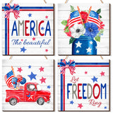 4 Pcs 4th of July Sign Rustic Wood Decor Farmhouse Patriotic Decor America Wall Hanging Plaque Red Blue White Wooden Wall Decor for Home Front Door Kitchen Office School, 7.87 x 7.87 Inch Purpeak