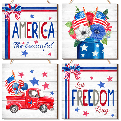 4 Pcs 4th of July Sign Rustic Wood Decor Farmhouse Patriotic Decor America Wall Hanging Plaque Red Blue White Wooden Wall Decor for Home Front Door Kitchen Office School, 7.87 x 7.87 Inch