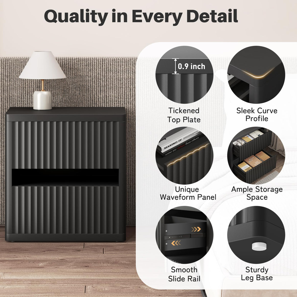 Dripex Fluted Nightstand with 2 Drawers, Large Wide Wood Night Stand Bedside Tables for Bedroom, Mid-Century Modern Storage Bed Side Table, End Tables for Living Room Sofa Couch, Black, Set of 2 Dripex