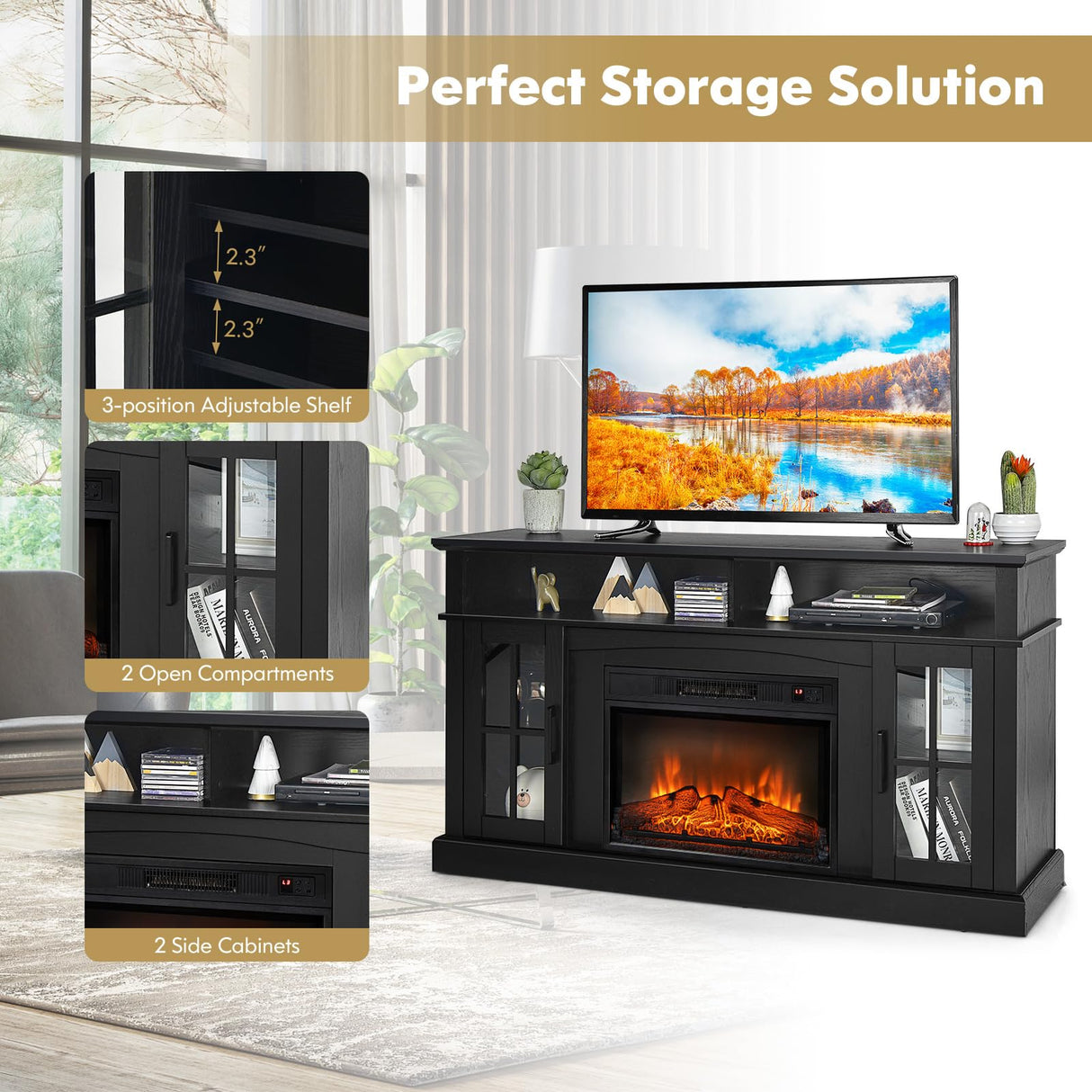 COSTWAY Electric Fireplace TV Stand for TVs Up to 65 Inches, 1400W Heater Insert with Remote Control, 6H Timer, 3-Level Flame, Overheat Protection and CSA Certification, Adjustable Shelves, Black COSTWAY