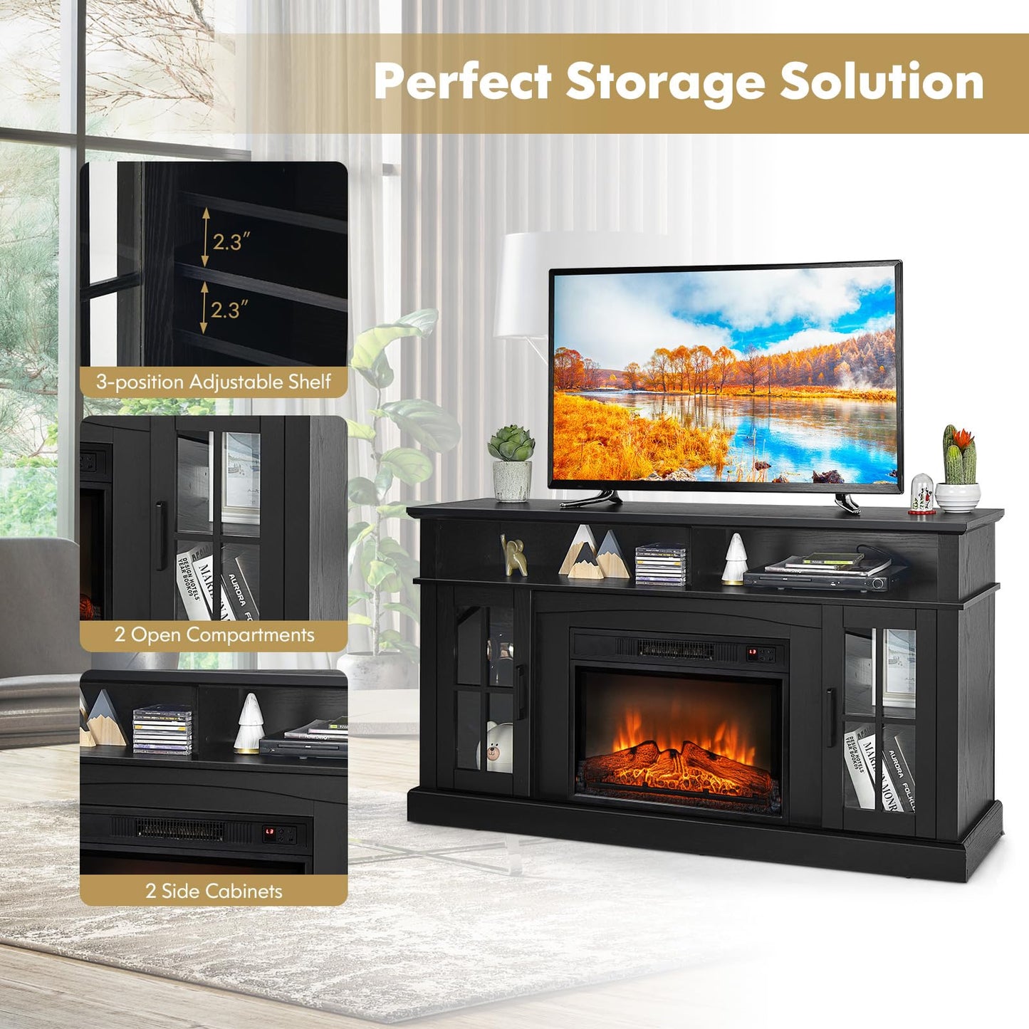 COSTWAY Electric Fireplace TV Stand for TVs Up to 65 Inches, 1400W Heater Insert with Remote Control, 6H Timer, 3-Level Flame, Overheat Protection and CSA Certification, Adjustable Shelves, Black