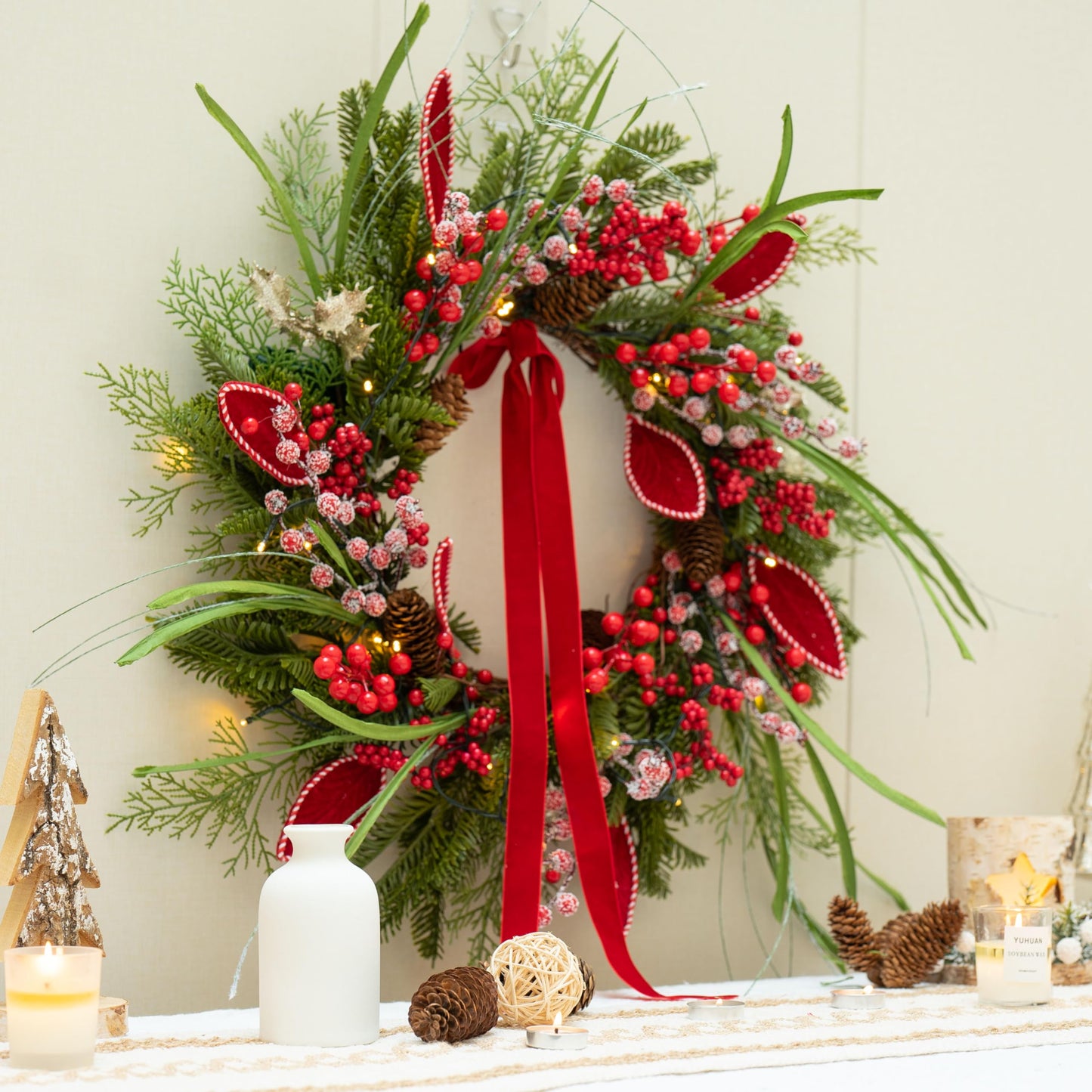 Pre-lit Christmas Wreath with Lights,Outdoor Christmas Wreaths for Front Door-22 Inch Xmas Door Wreath with Pine Needles Pine Cones and Red Berries- Farmhouse Home Christmas Decorations