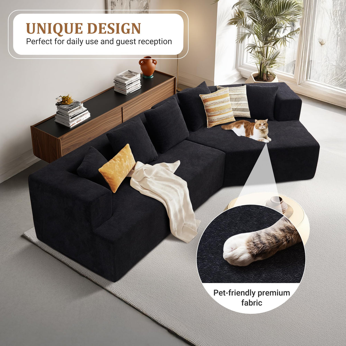 EYATZO 129.5" Modular Sectional Sofa, Modern Cloud Curved Couch with Deep Seat, Upholstered Boneless Couches for Living Room, Apartment, No Assembly Required, Chenille Fabric, Black EYATZO