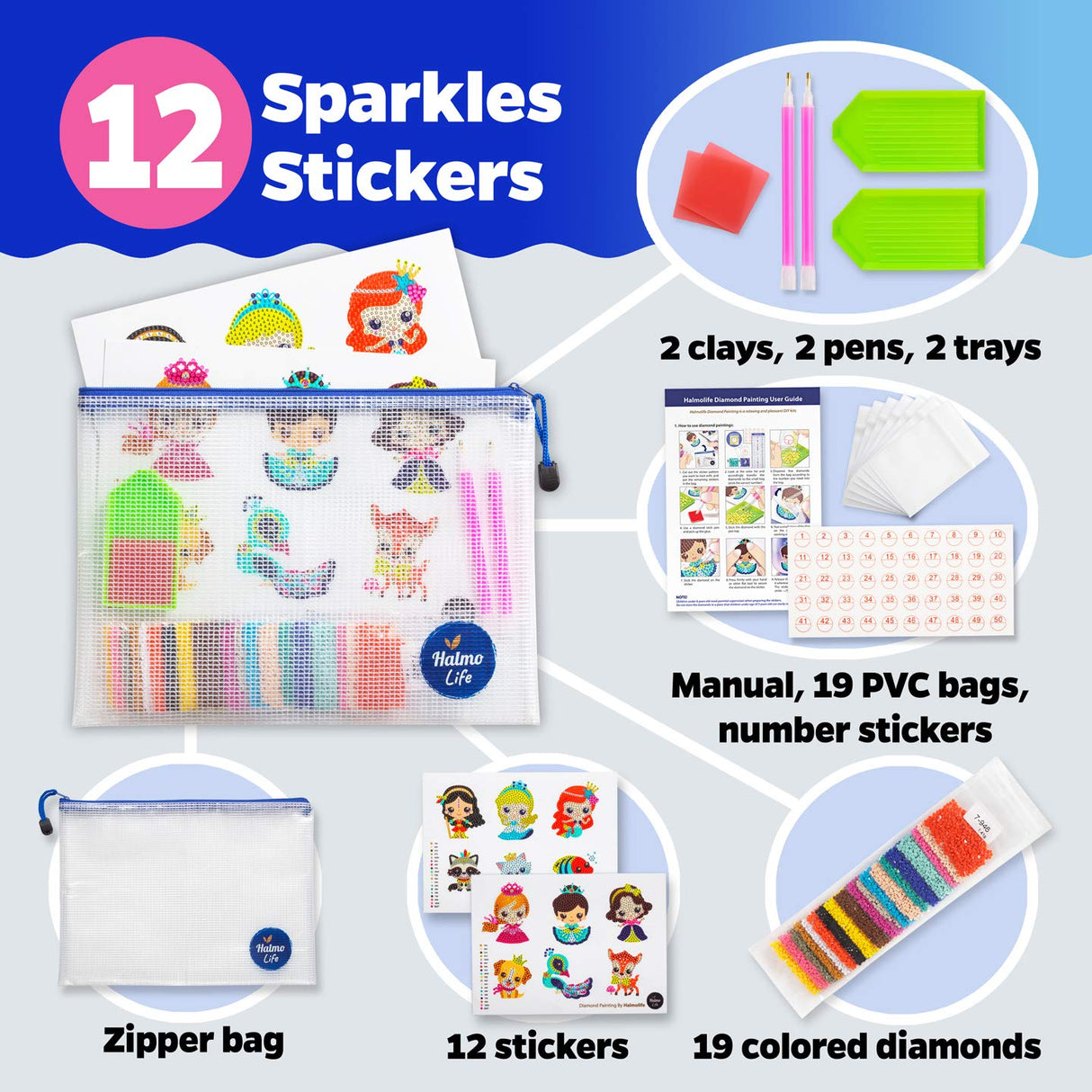Halmolife Diamond Art Kits for Kids Boys and Girls Ages 6 7 8-12 Easy to DIY Creative Diamond Art Princesses Stickers Craft by Numbers Kits for Kids and Adult Beginners Halmolife