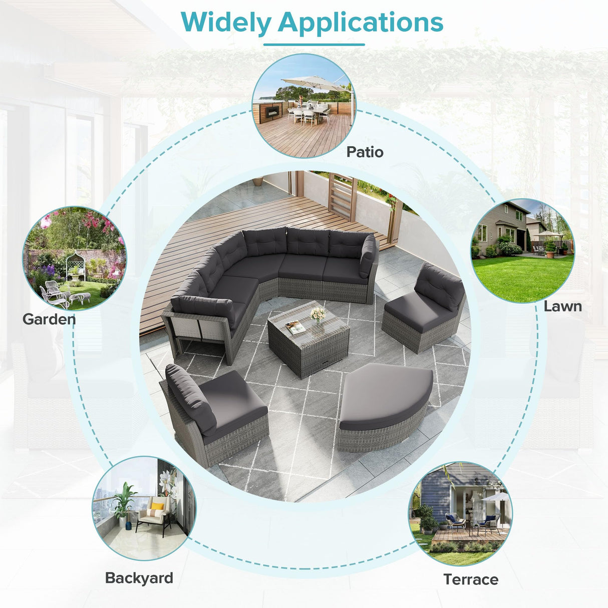 NCKMYB Half Moon Patio Furniture Set 9 Pieces - Outdoor Modular Couch Rattan Daybed Sectional with Tempered Glass Table, Weather-Resistant Iron Frame & Cushions - Grey NCKMYB