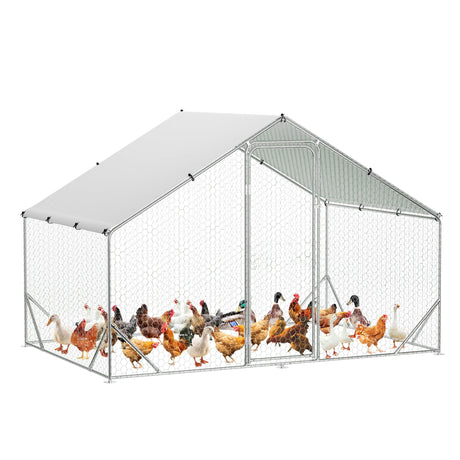 Large Metal Chicken Coop, 9.8 W x 6.5 L x 6.5 H ft Walk-in Poultry Cage,Spire Chicken Pens Outdoor with Top,Chicken Run Pen House with Waterproof Anti-Ultraviolet Cover for Yard,Outdoor Farm Mochalight