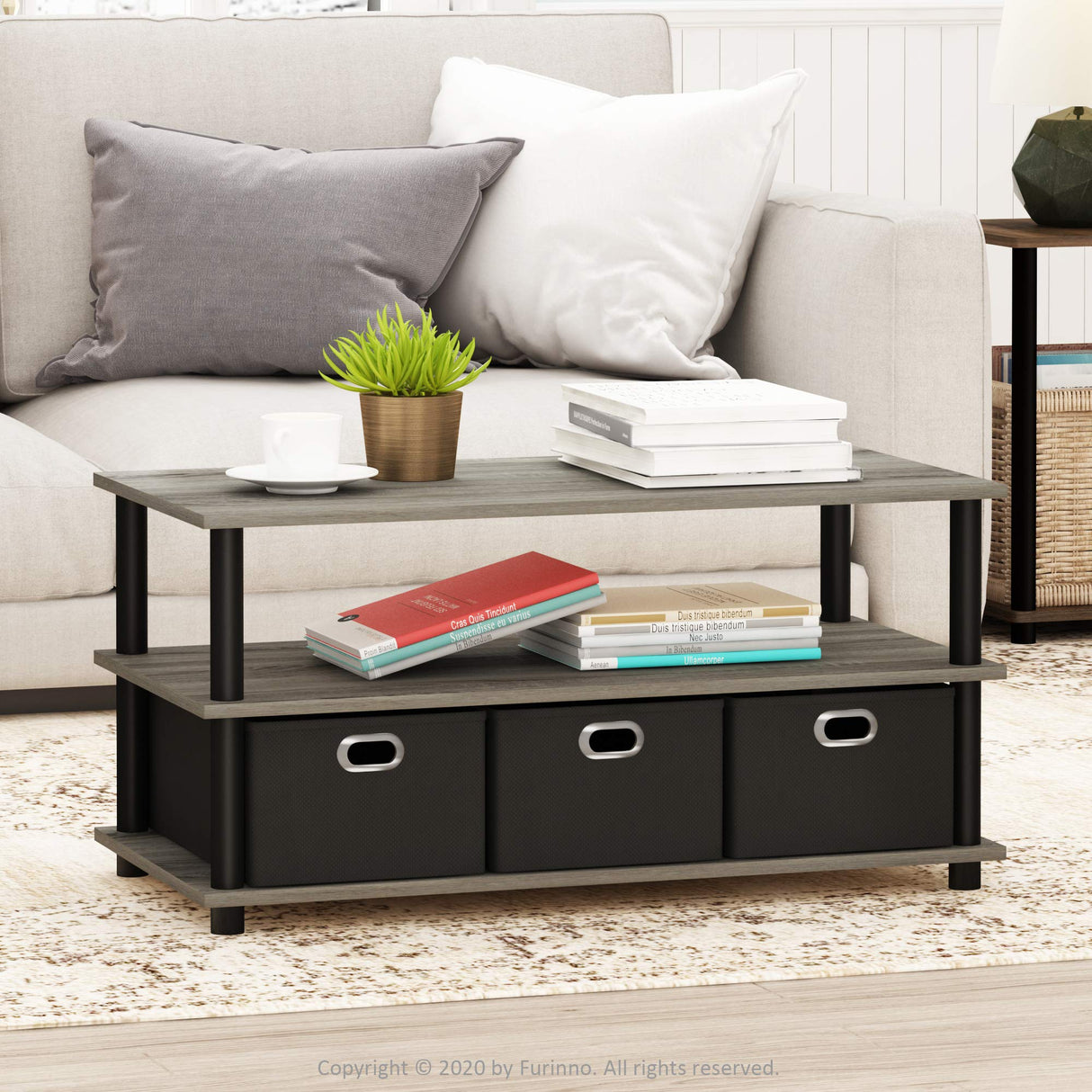 FURINNO Turn-N-Tube Coffee Table, 31.22D x 15.5W x 15.8H in, French Oak Grey/Black/Black Furinno