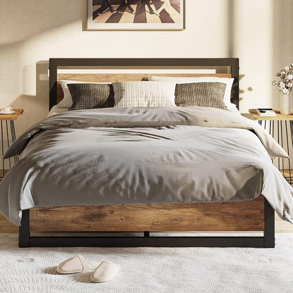 IDEALHOUSE Rustic Brown Full Size Bed Frame with Wooden Headboard and Footboard - No Box Spring Needed - WoodArtSupply