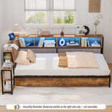 MU Twin Corner Bed Frame with Storage Bookcase and Headboard, Metal Daybed with LED Lights, Charging Station, Shelves and Drawers for Living Room, Bedroom & Guest Room, Rusic Brown MU