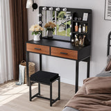 Algherohein Black Makeup Vanity Desk with Mirror and Light Bulb, 39.4" W Make Up Vanity Table with Brown Drawers and Shelves, Dressing Table with Stool and Metal Frame Girls Vanity Set for Bedroom Algherohein